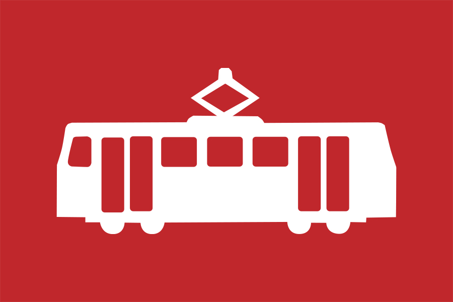 Ein Umriss eines weißen Tatra-Fahrzeuges (Straßenbahnmodell) auf rotem Hintergrund. 