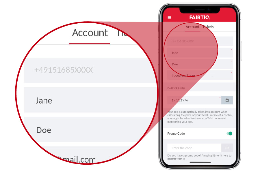 Detailed view of the user interface upon registration at FAIRTIQ