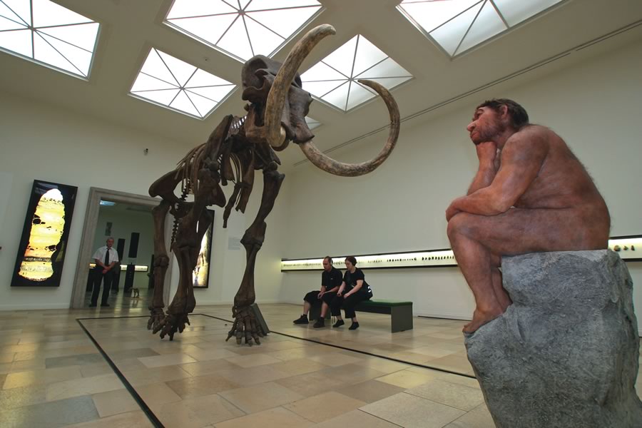 Ausstellungsraum des Landesmuseums mit Mammutskelett und Skulptur eines davor sitzendem Neandertalers