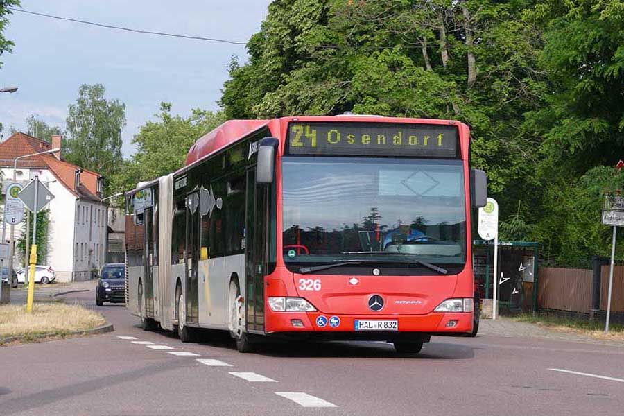 Roter Gelenkbus der Linie 24 mit Zielanzeige 'Osendorf' fährt auf einer Straße in einem Wohngebiet mit Bäumen und Häusern im Hintergrund.
