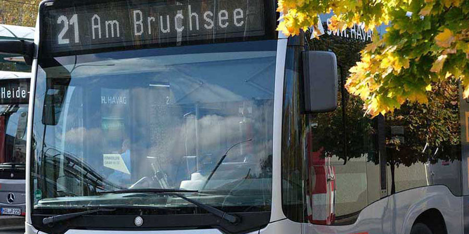 Nahaufnahme eines silbernen Mercedes-Stadtbusses mit rotem Akzent, Liniennummer 21 und Zielanzeige '21 Am Bruchsee', geparkt unter einem Baum mit herbstlich gefärbtem Laub