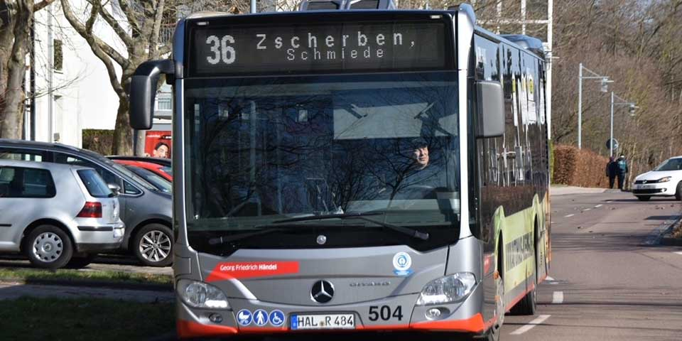 Buslinie 36 mit Zielanzeige 'Zscherben, Schmiede' fährt auf einer Straße neben parkenden Autos und Bäumen.