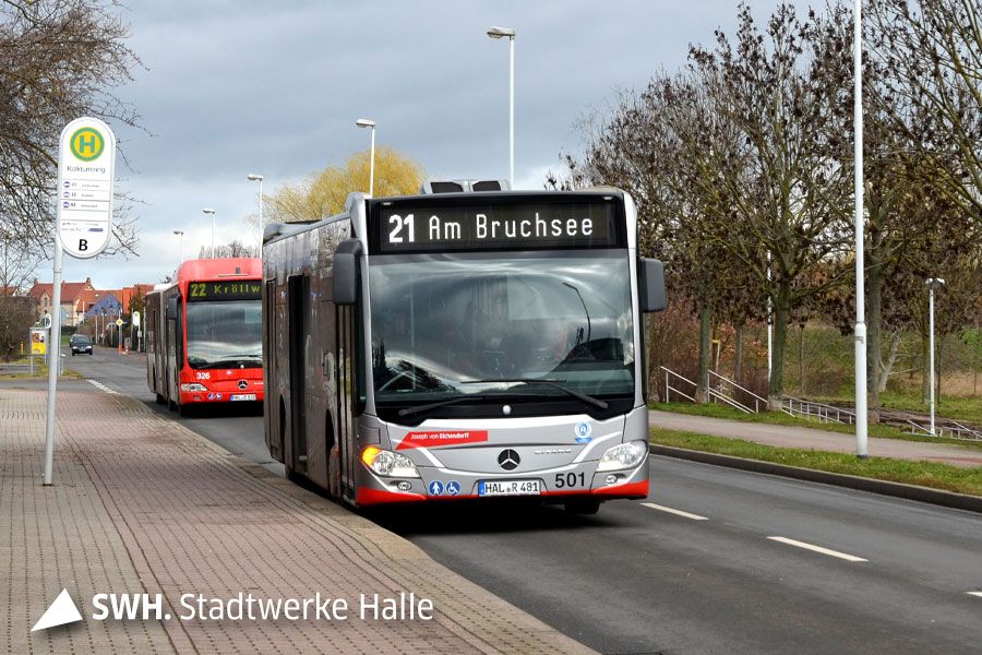Ein grauer Bus der HAVAG der Marke Mercedes steht an einer Haltestelle. Hinter diesem Bus ist noch ein weiterer Bus der HAVAG. Dieser ist rot.