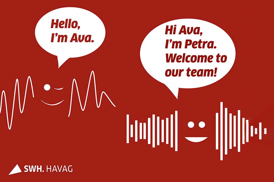 Zwei Tonspuren unterhalten sich. Jeder hat eine Sprechblase. In der einen steht "Hello, I'm Ava." Und in der anderen "Hi Ava, I'm Petra. Welcome to our team!" Der Hintergrund ist rot.