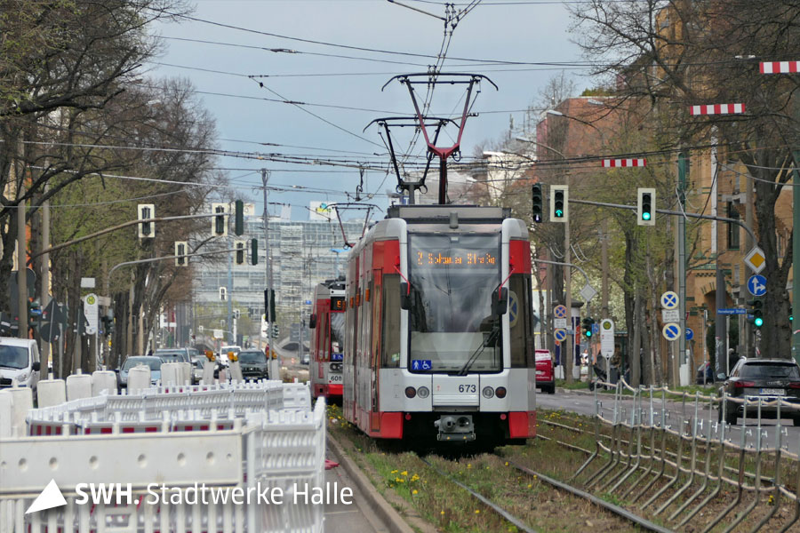 Ein rote Straßenbahn rollt auf den Fotografen zu. Neben den Schienen stehen weiße Absperrungen. Im Hintergrund sind die Stadt und ein bedeckter Himmel zu sehen. Rechts und links stehen Bäume.