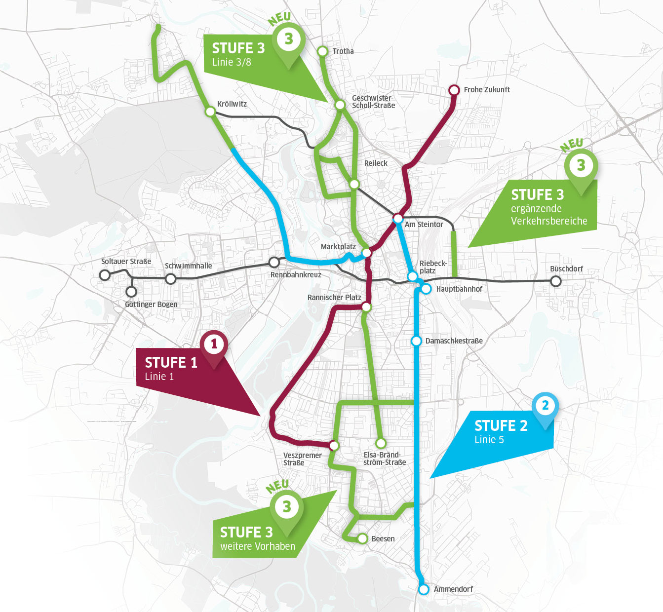Die Grafik zeigt mit bunten Linien den Verlauf der unterschiedlichen Stufen des Stadtbahn Programmes.