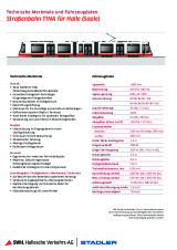 Technische Daten der neuesten Straßenbahn-Generation TINA. Das Deckblatt zeigt eine 3-D Ansicht einer neuen Straßenbahn des Typs TINA, welche für die Hallesche Verkehrs-AG für das kommende Jahr neu bestellt werden wird.