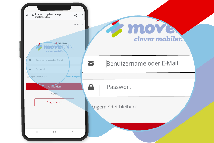 Ein Smartphone zeigt eine Anmeldemaske für einen Login in der movemix_app.