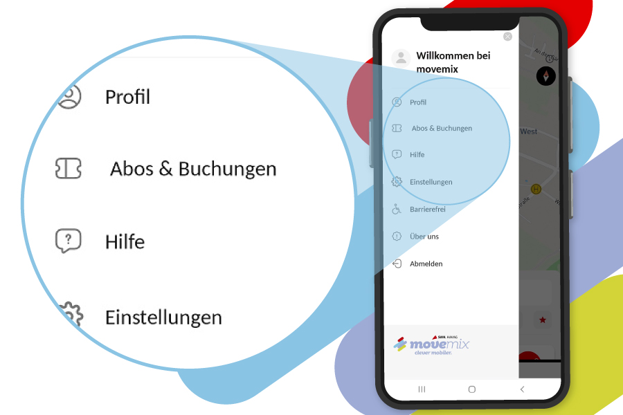 Ein Smartphone zeigt das Hauptmenü der movemix_app.