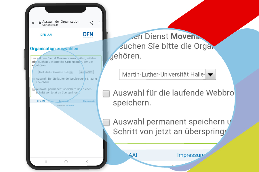 Ein Smartphone zeigt das Menü in der movemix_app zur Auswahl der Hochschule.