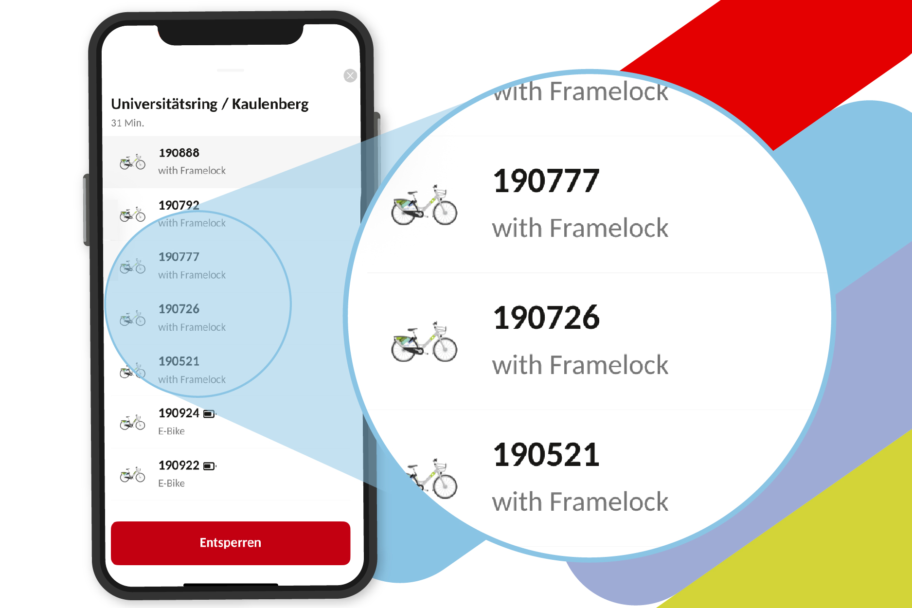 Ein Smartphone zeigt im Menü der movemix_app das Feld zum Entsperren eines Rads.