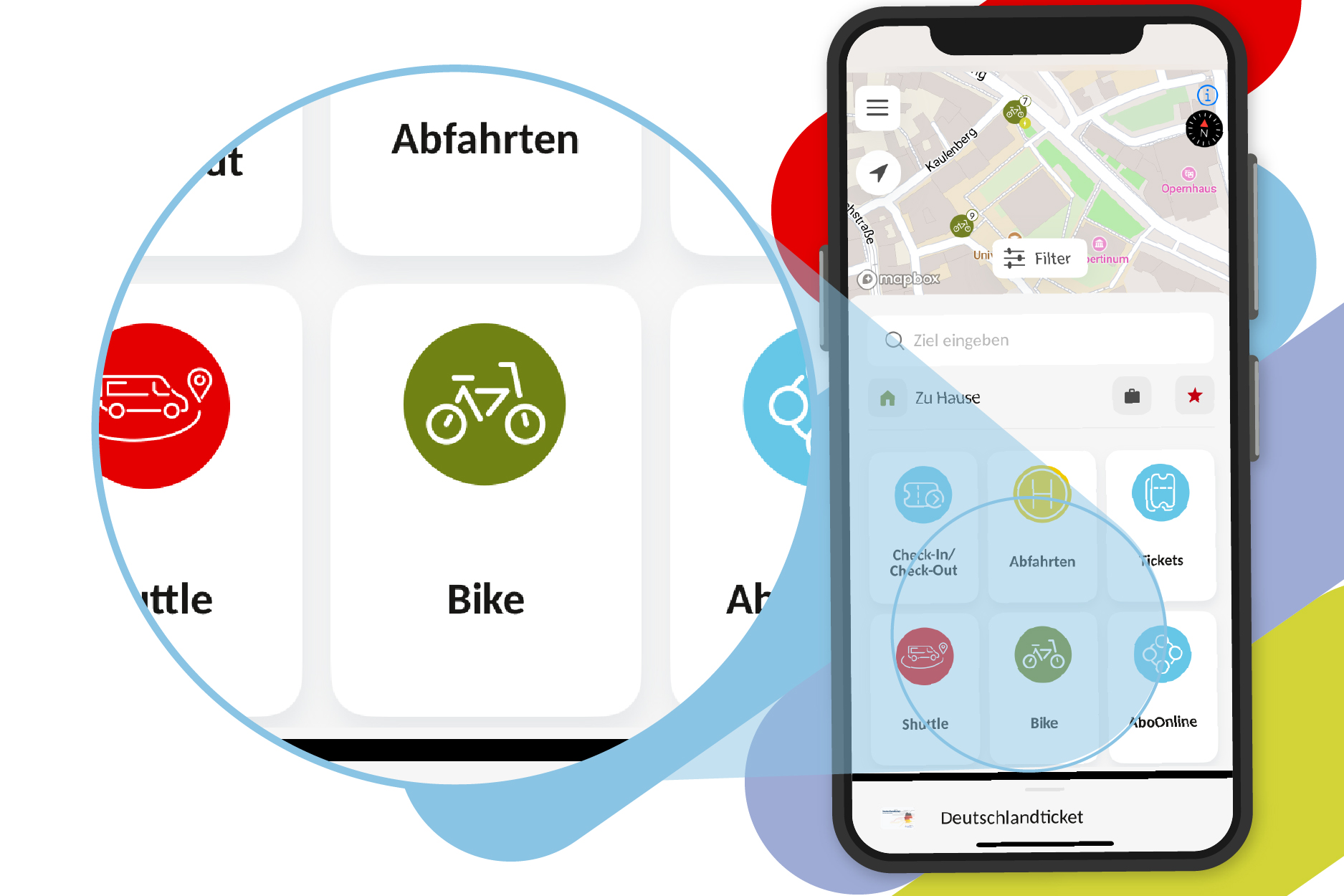 Ein Smartphone zeigt in der movemix_app die Stadtkarte und das Icon für movemix_bikes.