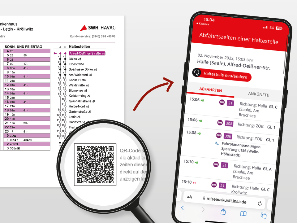 Der QR-Code auf unseren Aushangfahrplänen unten rechts zeigt die nächsten Fahrten an der Haltestelle an.