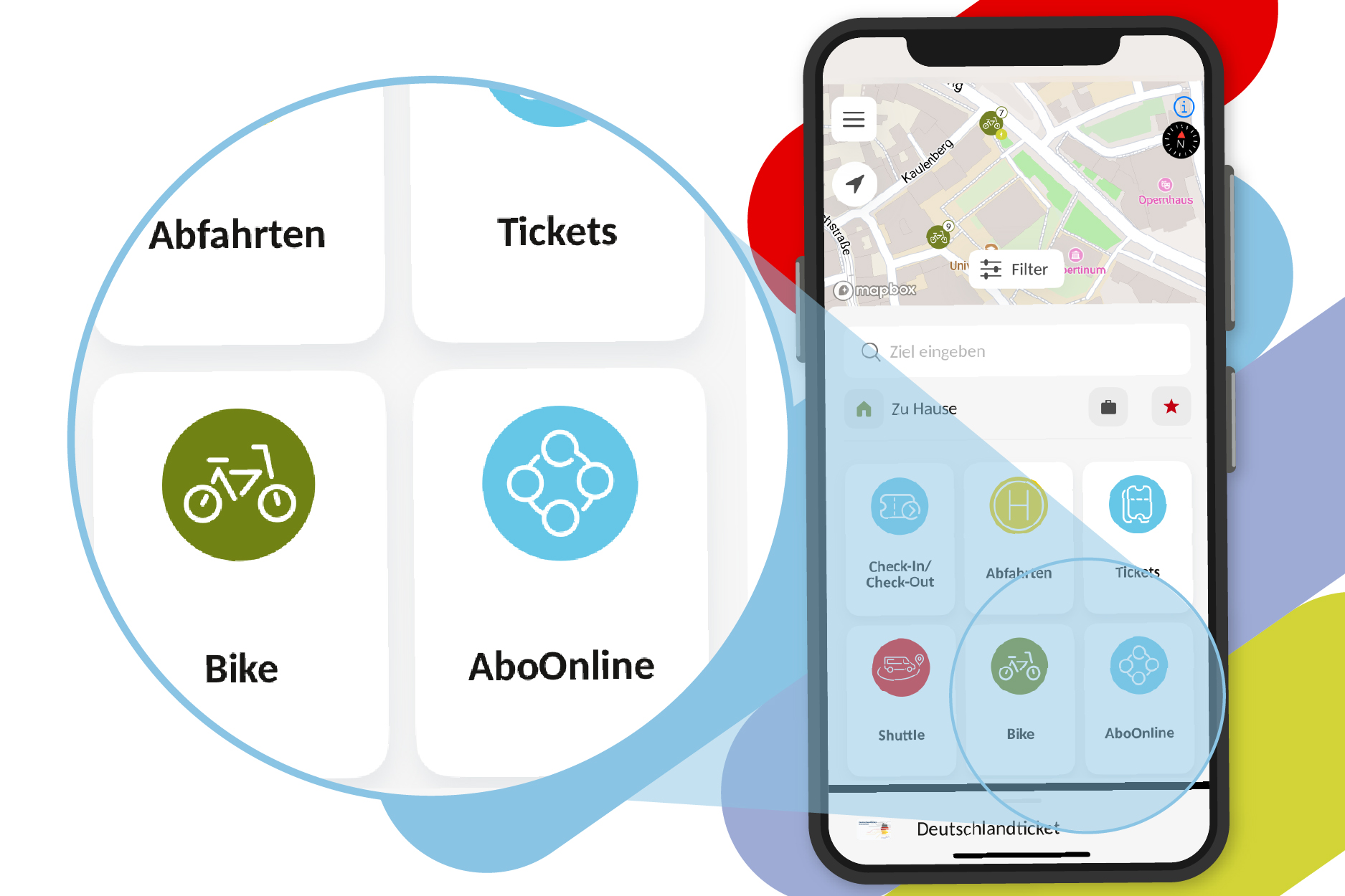 Startseite der movemix_app mit Verweis auf die Kachel AboOnline.