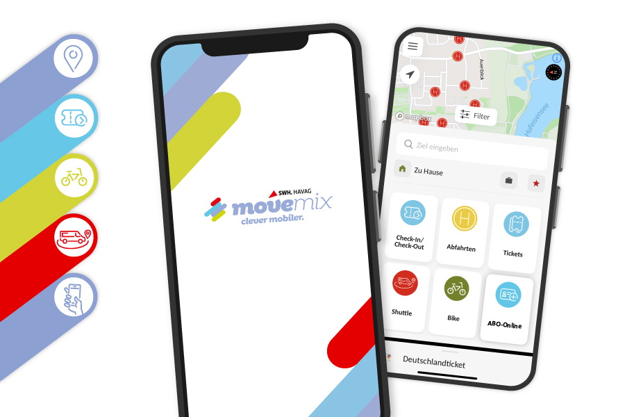 Ein Smartphone zeigt die movemix_app auf dem Startbildschirm.