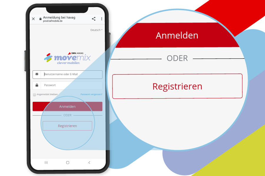 Ein Smartphone zeigt im Menü der movemix_app das Feld für die Registrierung.