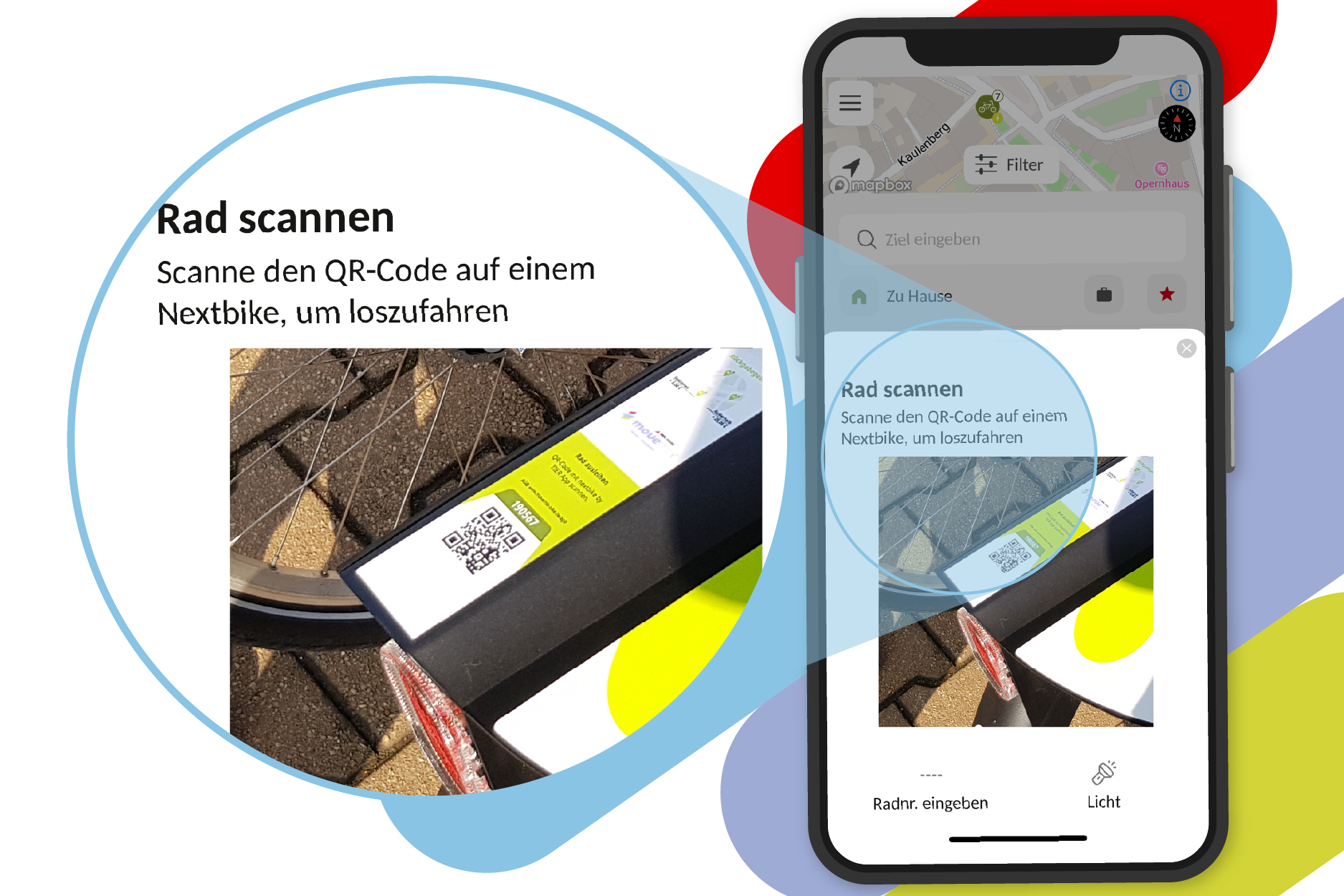 Ein Smartphone zeigt im Menü der movemix_app das Feld zum Eingeben der Rad-Nummer.