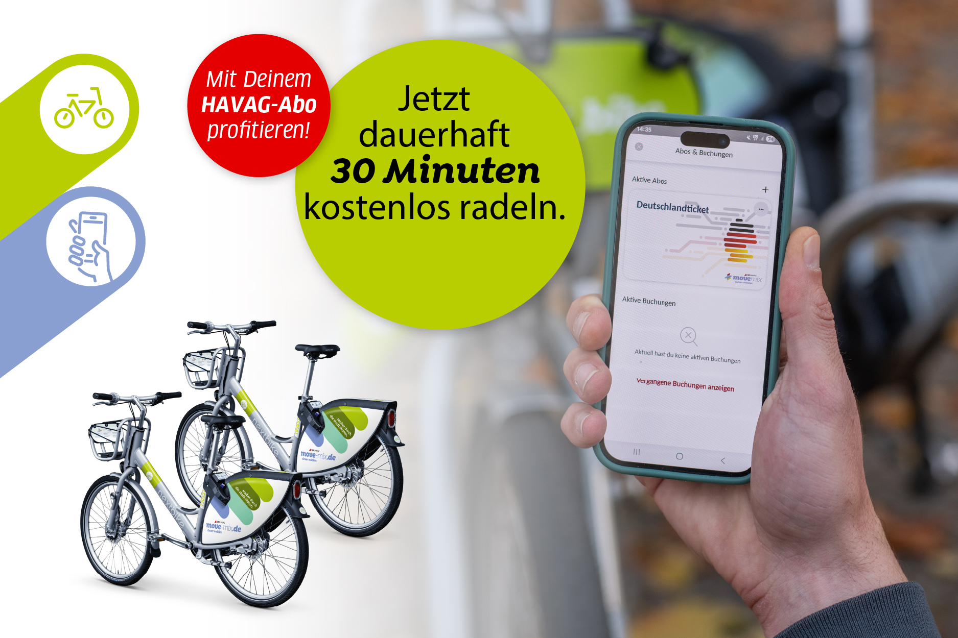 Eine Hand hält ein Smartphone, Räder und der Abo-Vorteil werden vorgestellt.