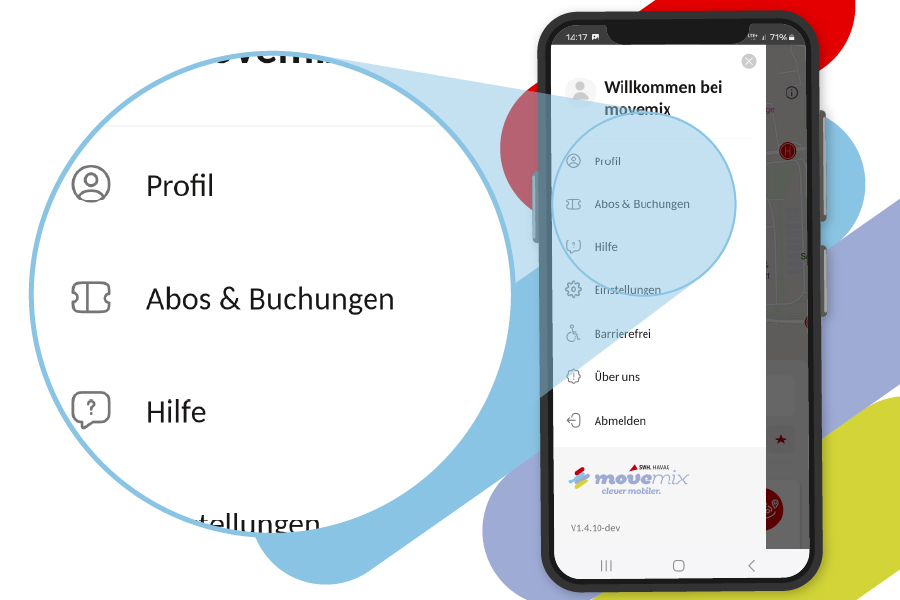 Ansicht des Hauptmenüs zum Klicken auf "Abos & Buchungen".