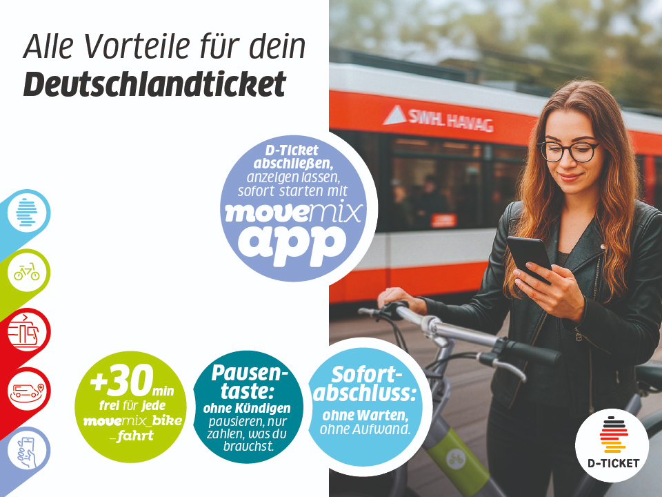 Eine Frau steht mit einem movemix_bike an einer Haltestelle und schaut auf ihr Smartphone.