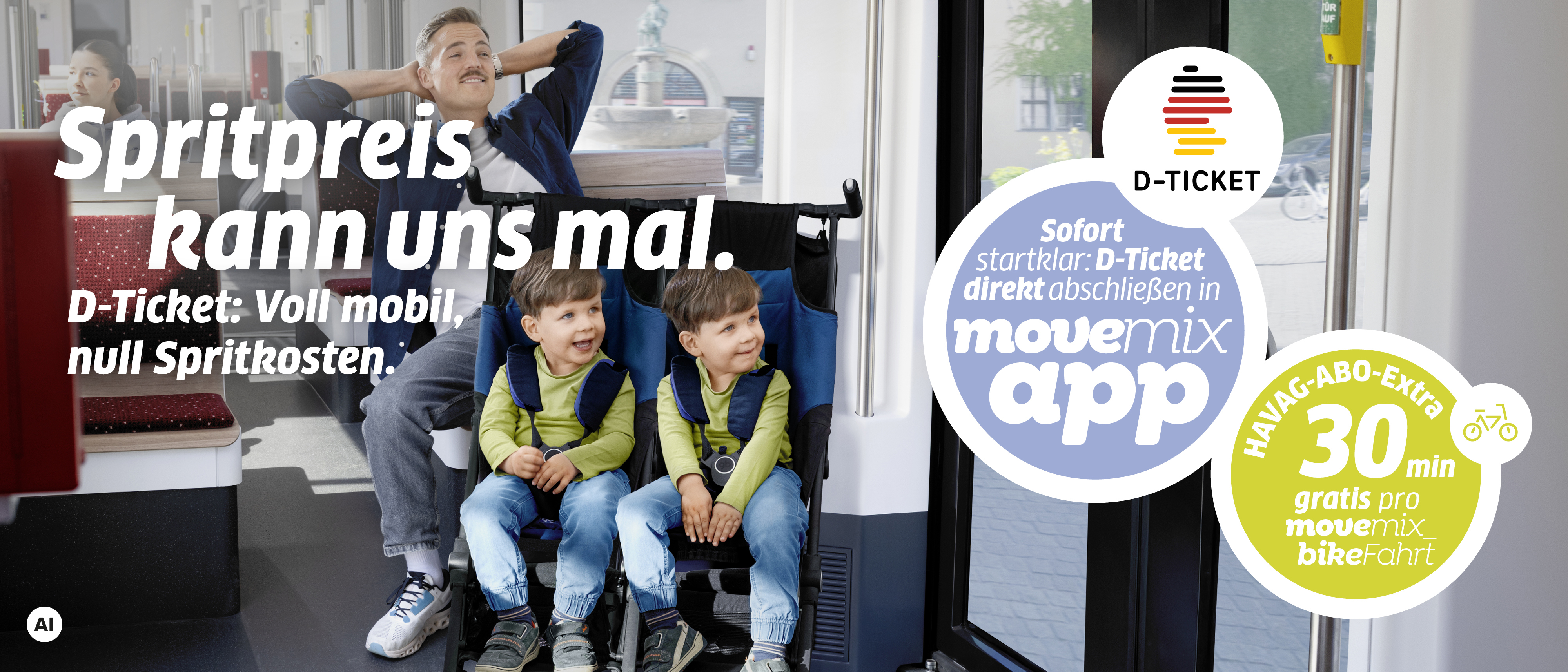 Eine Vater sitzt mit seinen Zwillingen in einer Straßenbahn. 