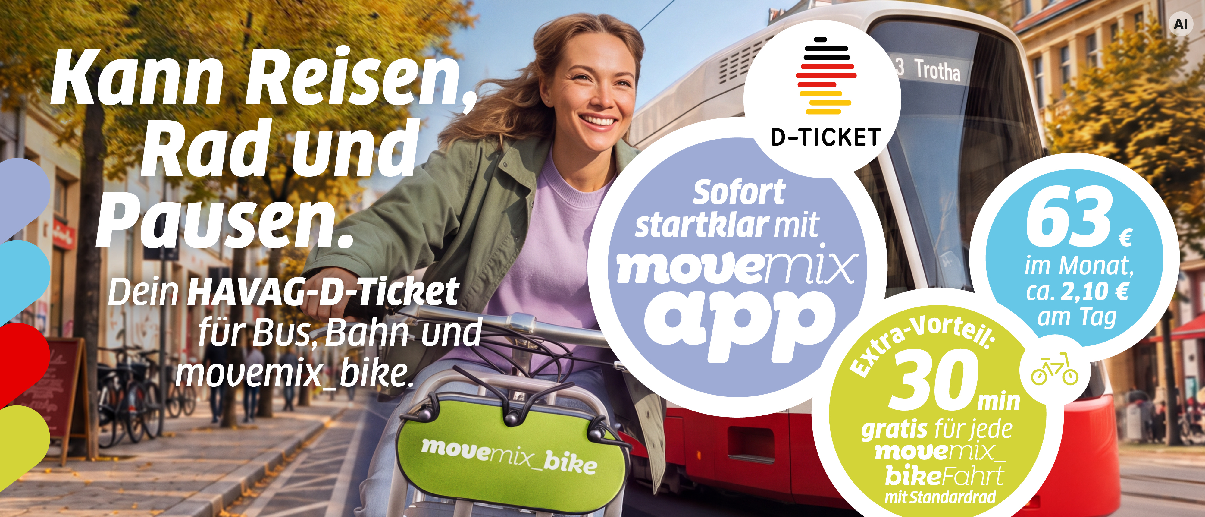 Eine Frau fährt movemix_bike neben einer TINA Straßenbahn.
